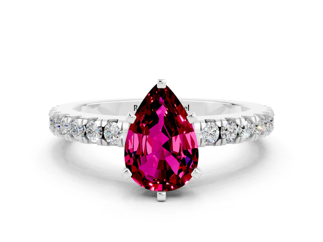 White gold Pear Cut Solitaire Diamond with Pavé Band and Four-Prong Setting