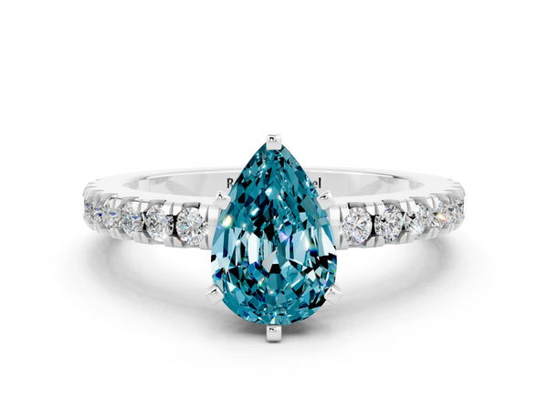 Silver Pear Cut Solitaire Diamond with Pavé Band and Four-Prong Setting