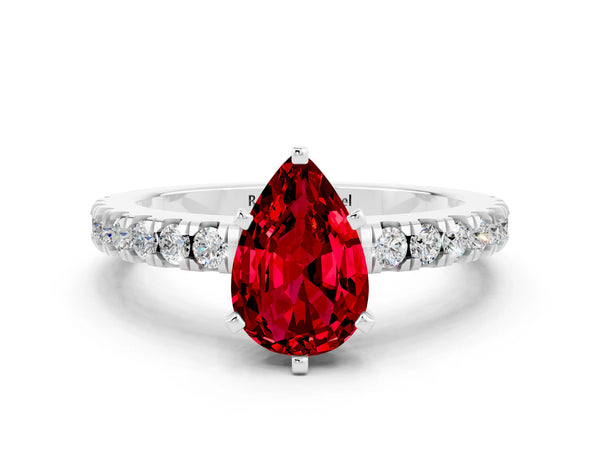 Platinum Pear Cut Solitaire Ruby with Pavé Band and Four-Prong Setting