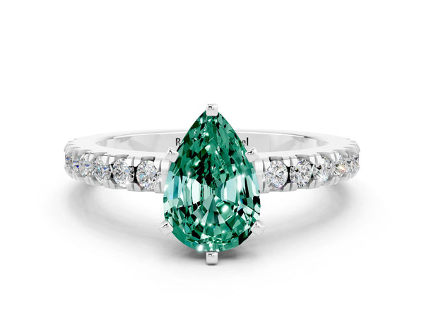 White gold Pear Cut Solitaire Green Sapphire with Pavé Band and Four-Prong Setting