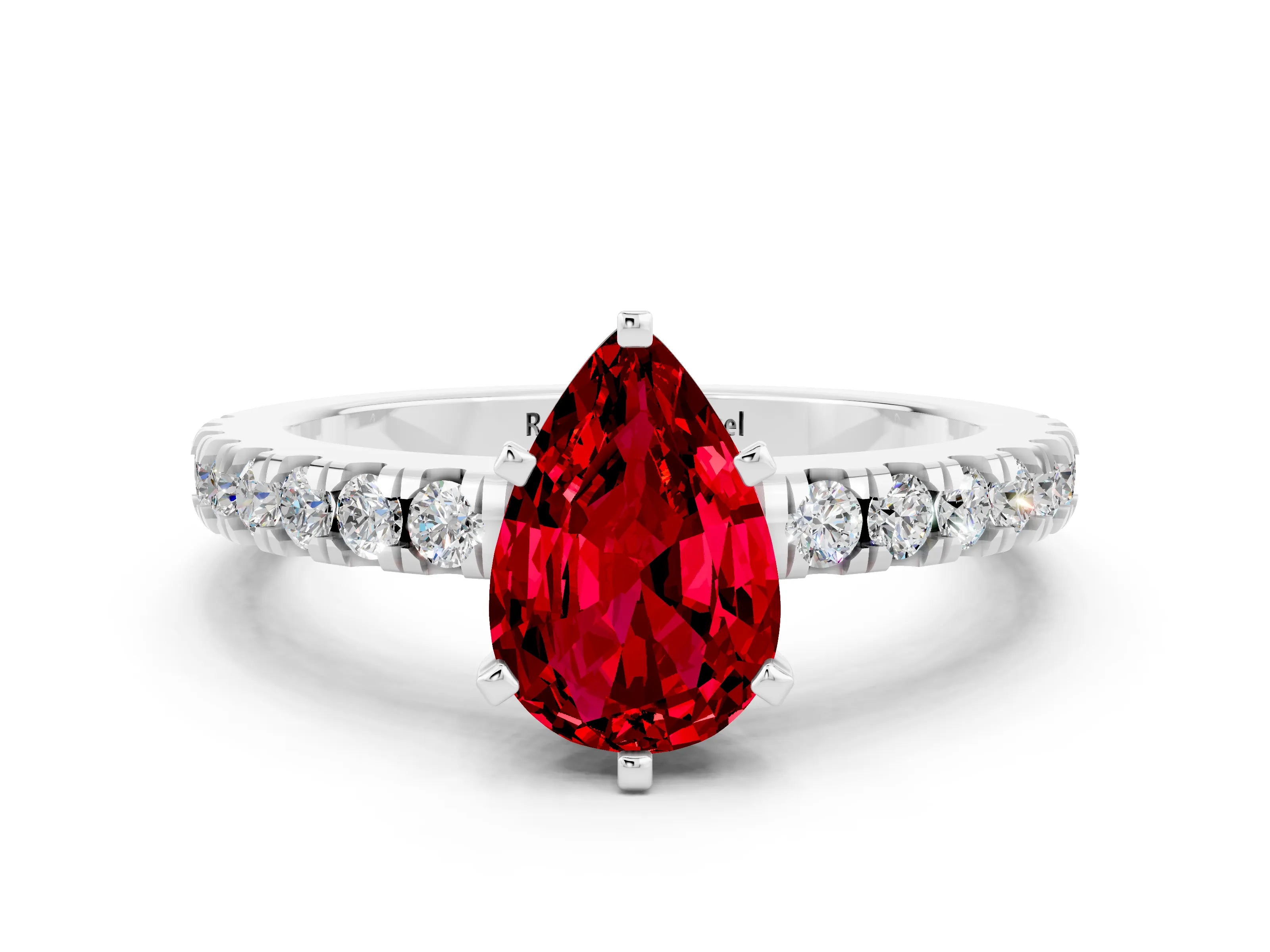 White gold Pear Cut Solitaire Diamond with Pavé Band and Four-Prong Setting