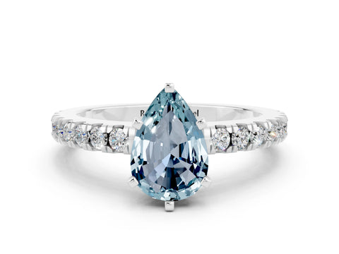 White gold Pear Cut Solitaire Diamond with Pavé Band and Four-Prong Setting