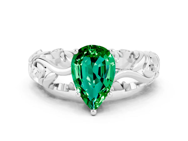 White gold Pear Cut Solitaire Emerald Leaf-Inspired Vine Band Ring with Prong Setting