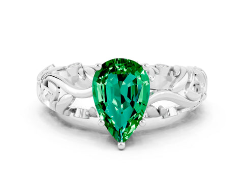 White gold Pear Cut Solitaire Emerald Leaf-Inspired Vine Band Ring with Prong Setting
