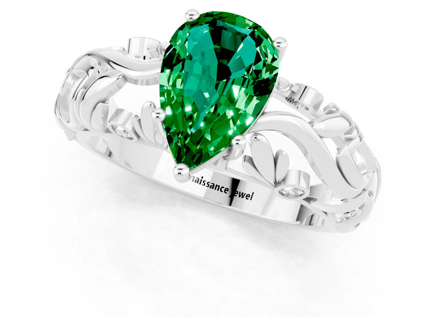 Silver Pear Cut Solitaire Emerald Leaf-Inspired Vine Band Ring with Prong Setting