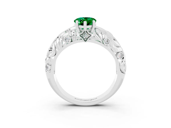 Platinum Pear Cut Solitaire Emerald Leaf-Inspired Vine Band Ring with Prong Setting