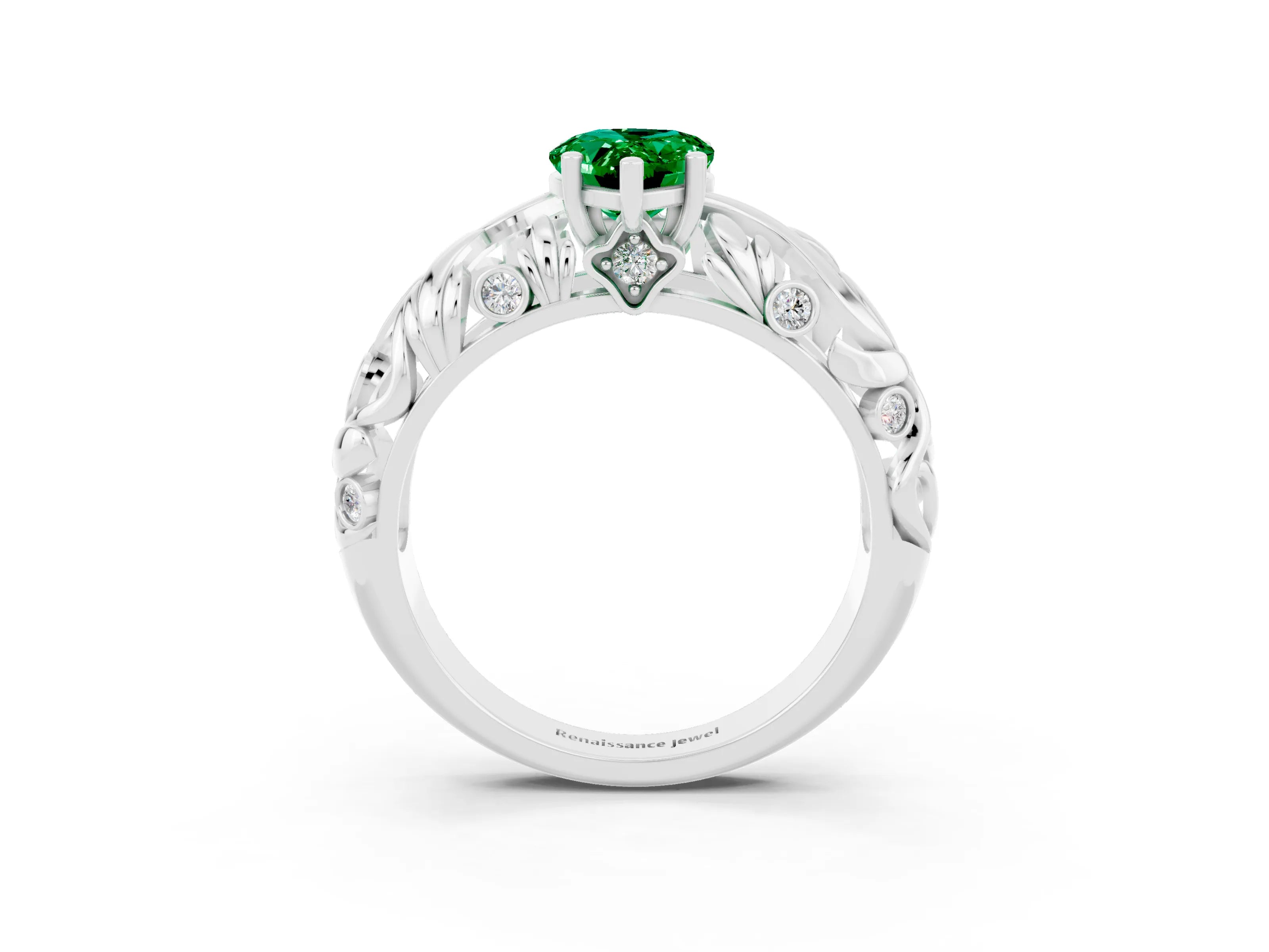 White gold Pear Cut Solitaire Emerald Leaf-Inspired Vine Band Ring with Prong Setting_3
