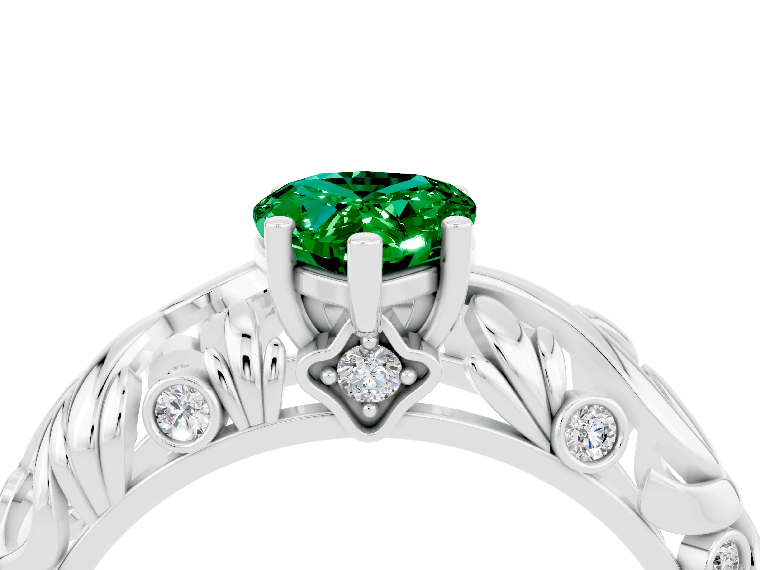 White gold Pear Cut Solitaire Emerald Leaf-Inspired Vine Band Ring with Prong Setting_4