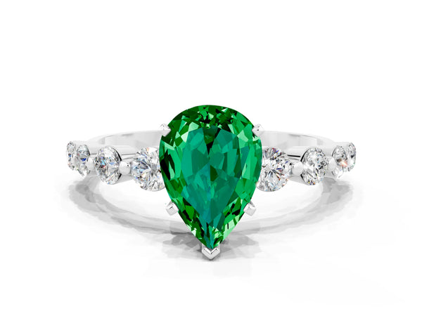 Platinum Pear Cut Solitaire Emerald Ring with Pave Band and Four-Prong Setting