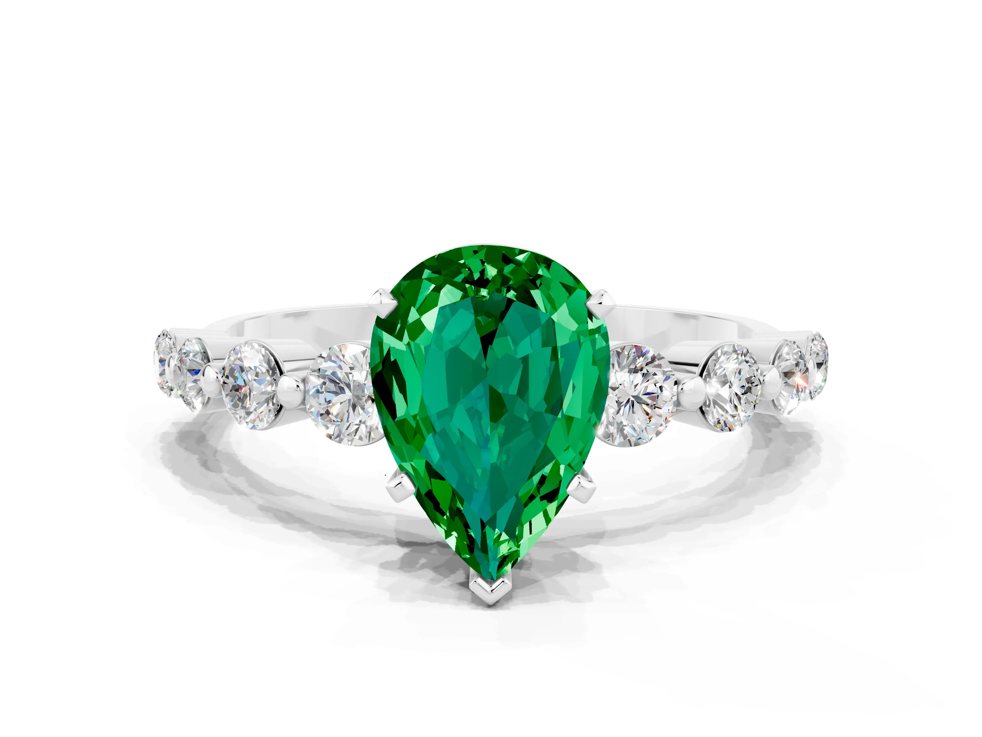 White gold Pear Cut Solitaire Emerald Ring with Pave Band and Four-Prong Setting