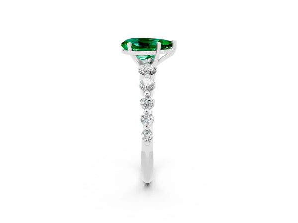 Silver Pear Cut Solitaire Emerald Ring with Pave Band and Four-Prong Setting