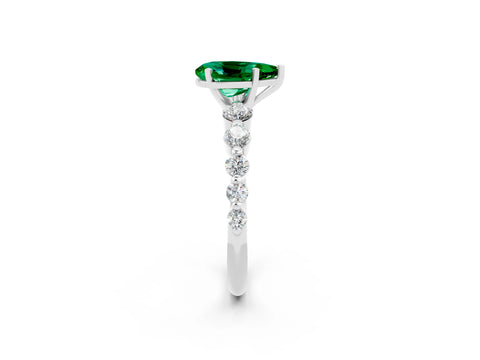 White gold Pear Cut Solitaire Emerald Ring with Pave Band and Four-Prong Setting_2