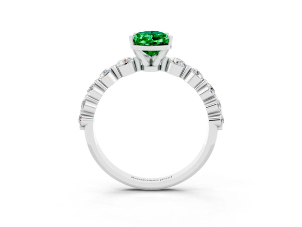 Platinum Pear Cut Solitaire Emerald Ring with Pave Band and Four-Prong Setting