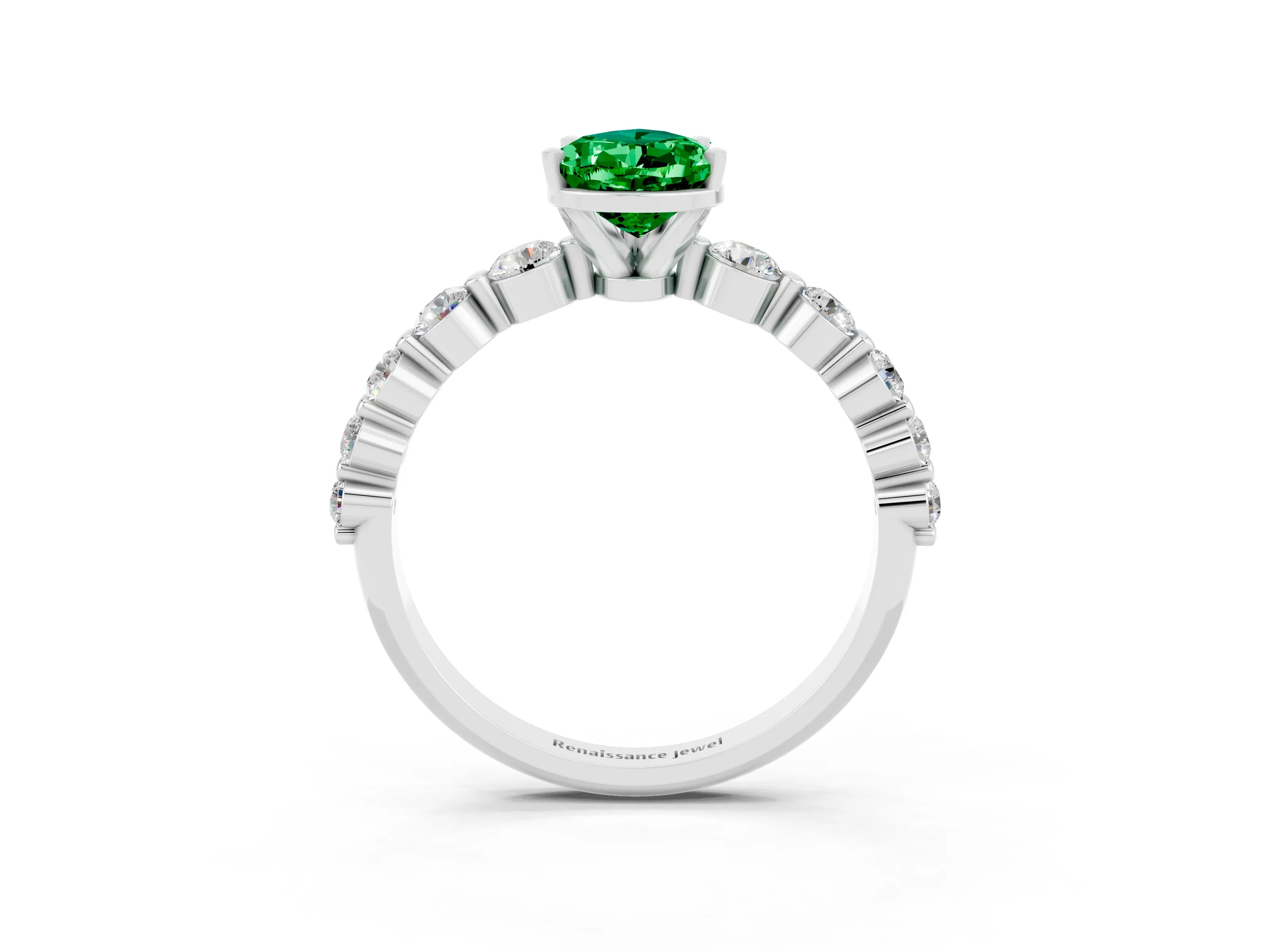 White gold Pear Cut Solitaire Emerald Ring with Pave Band and Four-Prong Setting_3