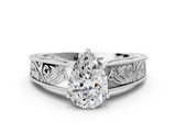 White gold Pear Cut Solitaire Engraved Band with Four-Prong Setting_62