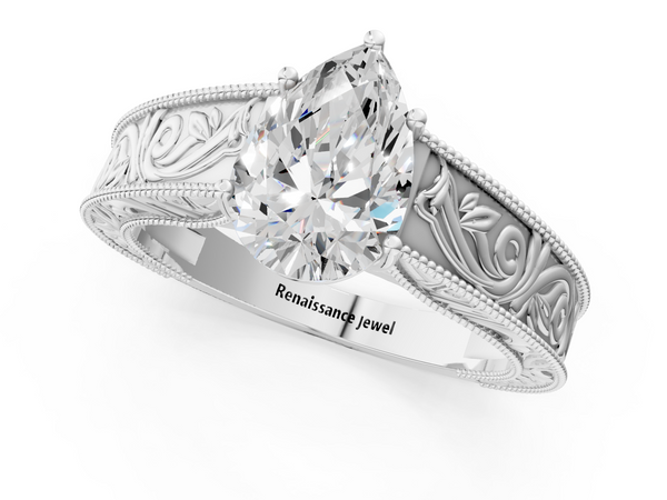 White Gold Pear-Shaped Vintage Solitaire Engagement Ring Setting with Leaf Scroll Engraved Band
