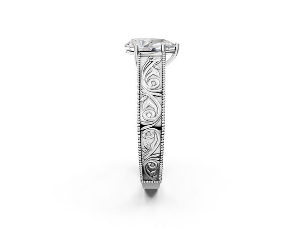 Sterling Silver Pear-Shaped Vintage Solitaire Engagement Ring Setting with Leaf Scroll Engraved Band