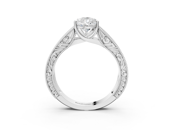 Sterling Silver Pear-Shaped Vintage Solitaire Engagement Ring Setting with Leaf Scroll Engraved Band
