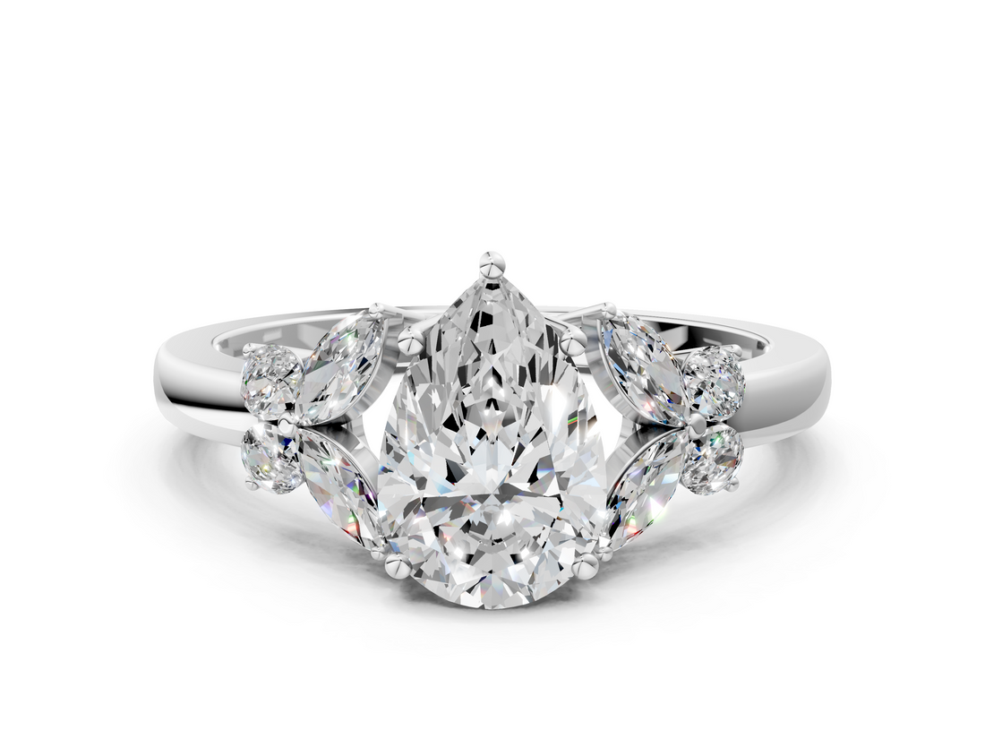 White gold Pear Cut Solitaire Floral Diamond Ring with Four-Prong Setting_37