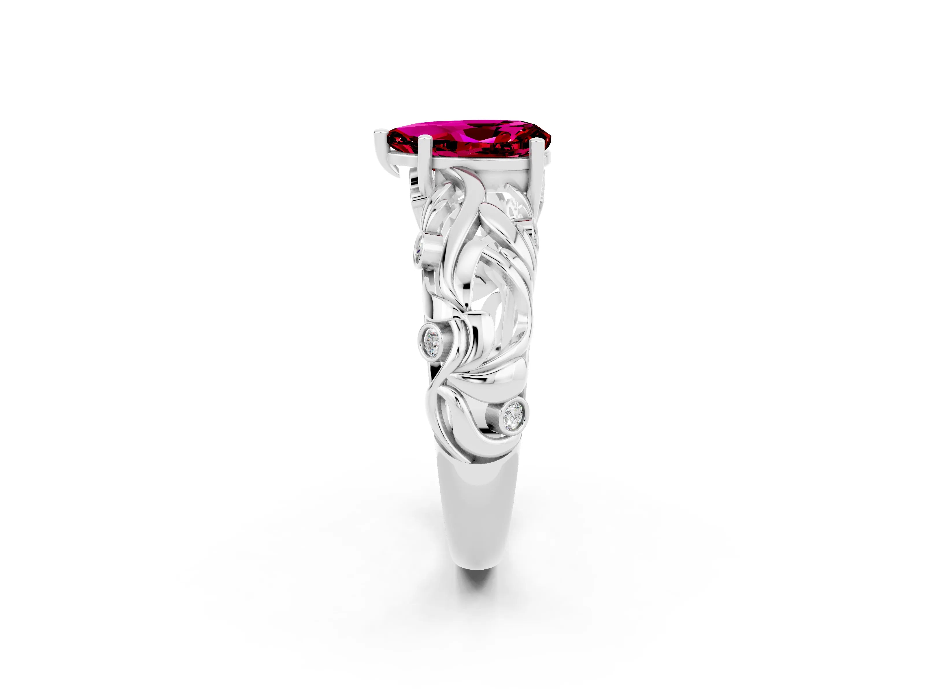 White gold Pear Cut Solitaire Garnet Leaf-Inspired Vine Band Ring with Prong Setting_2