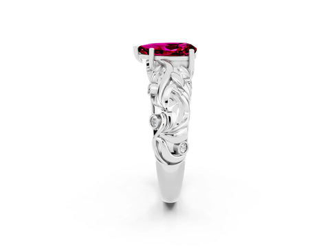 White gold Pear Cut Solitaire Garnet Leaf-Inspired Vine Band Ring with Prong Setting_2