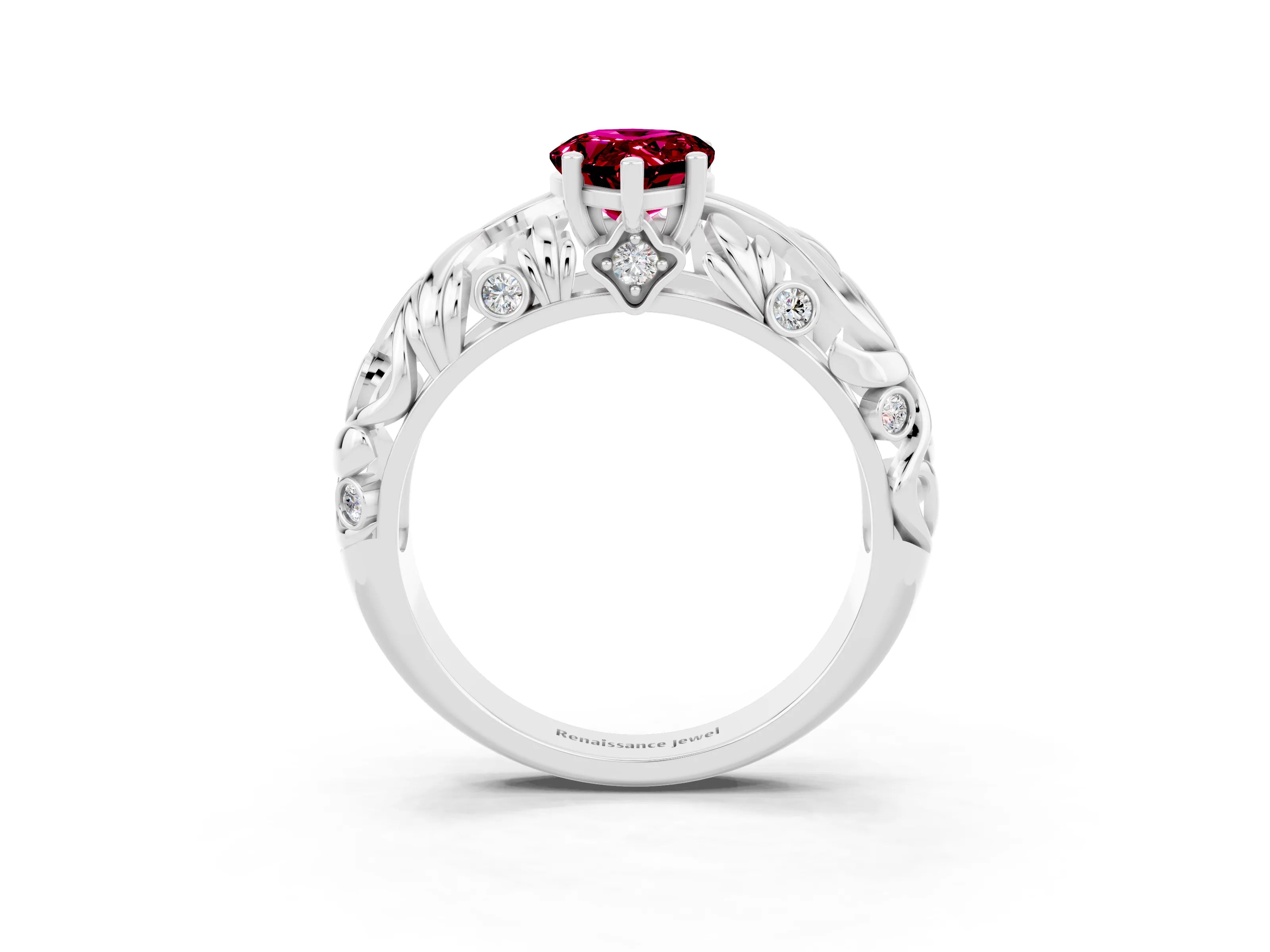 White gold Pear Cut Solitaire Garnet Leaf-Inspired Vine Band Ring with Prong Setting_3
