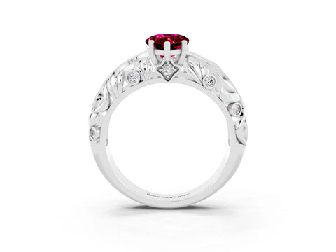 White gold Pear Cut Solitaire Garnet Leaf-Inspired Vine Band Ring with Prong Setting_3