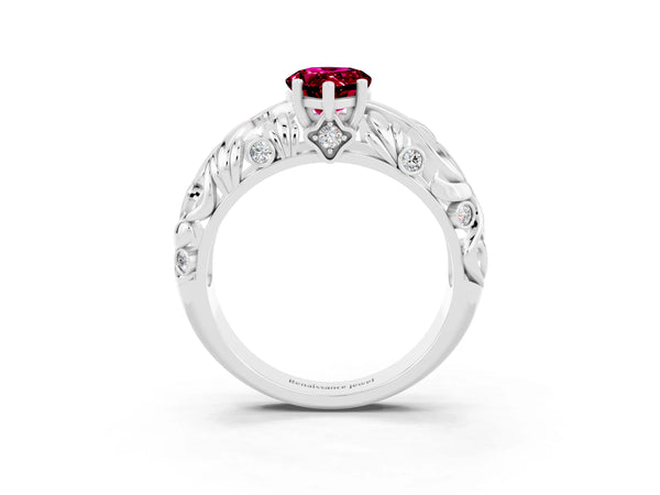 White gold Pear Cut Solitaire Garnet Leaf-Inspired Vine Band Ring with Prong Setting
