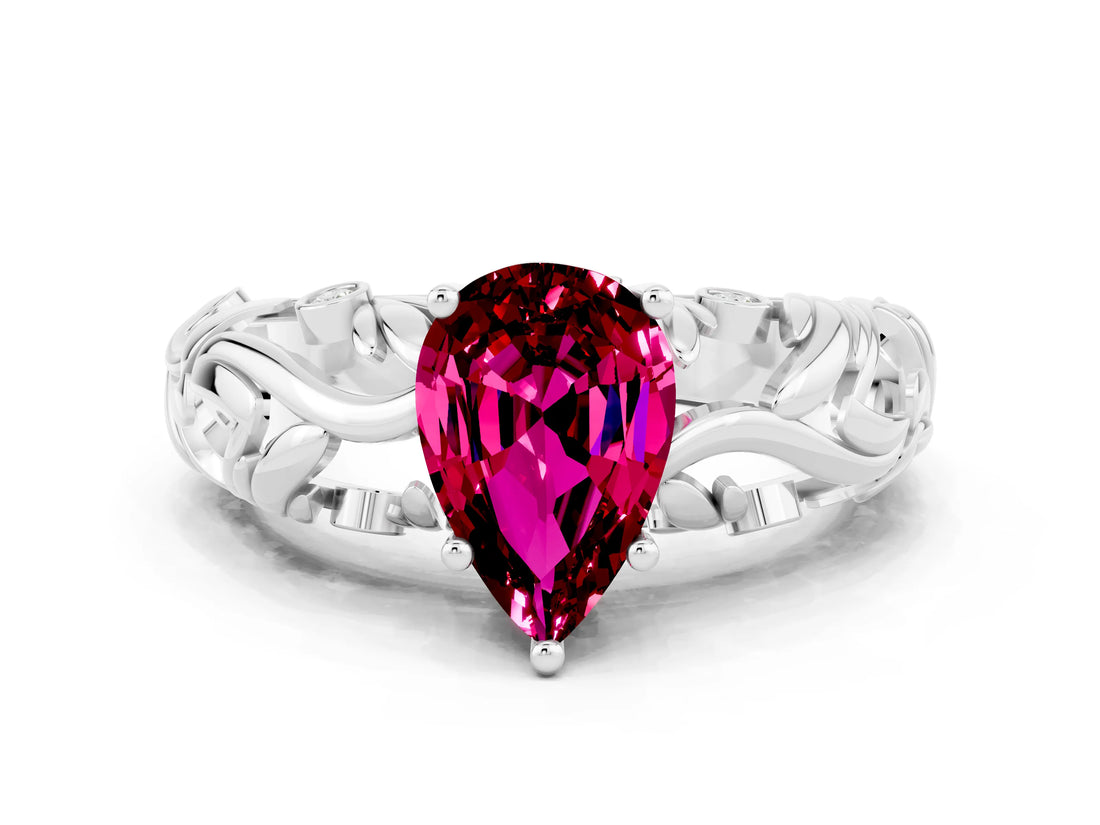 White gold Pear Cut Solitaire Garnet Leaf-Inspired Vine Band Ring with Prong Setting