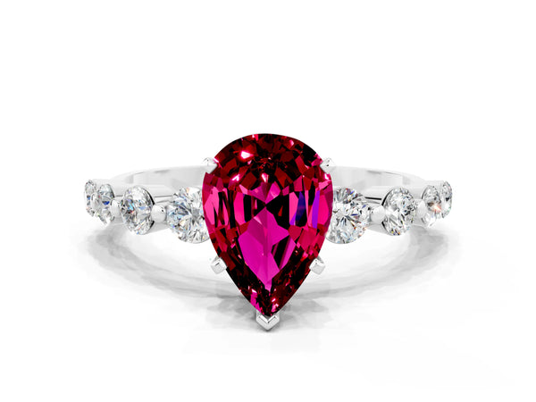 Platinum Pear Cut Solitaire Garnet Ring with Pave Band and Four-Prong Setting