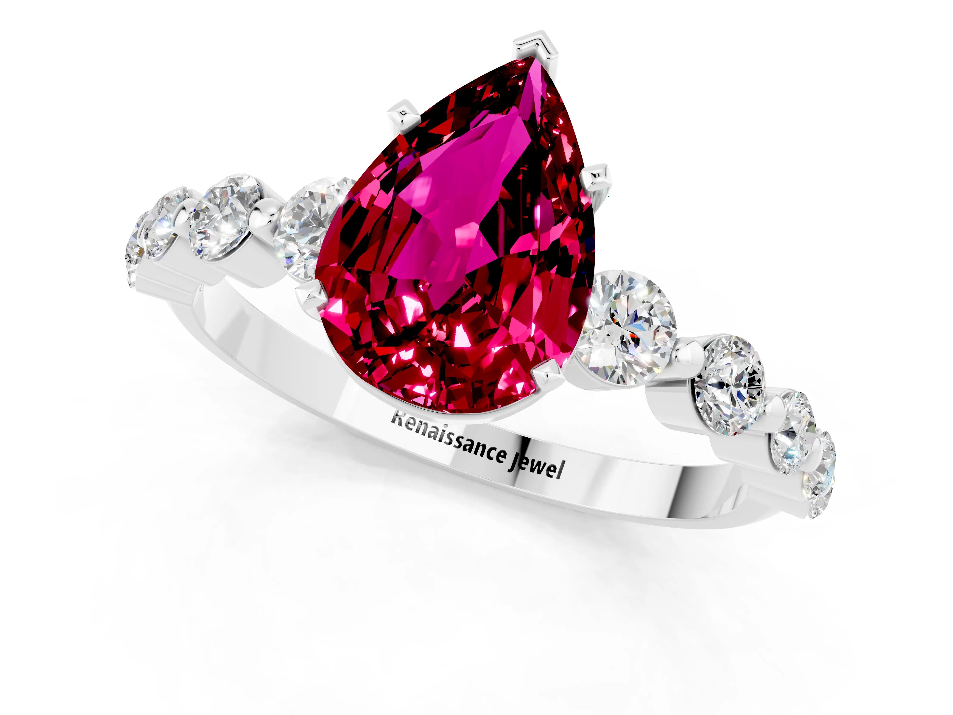 White gold Pear Cut Solitaire Garnet Ring with Pave Band and Four-Prong Setting_1