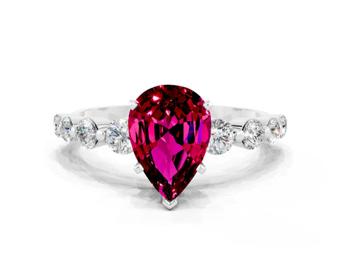 White gold Pear Cut Solitaire Garnet Ring with Pave Band and Four-Prong Setting