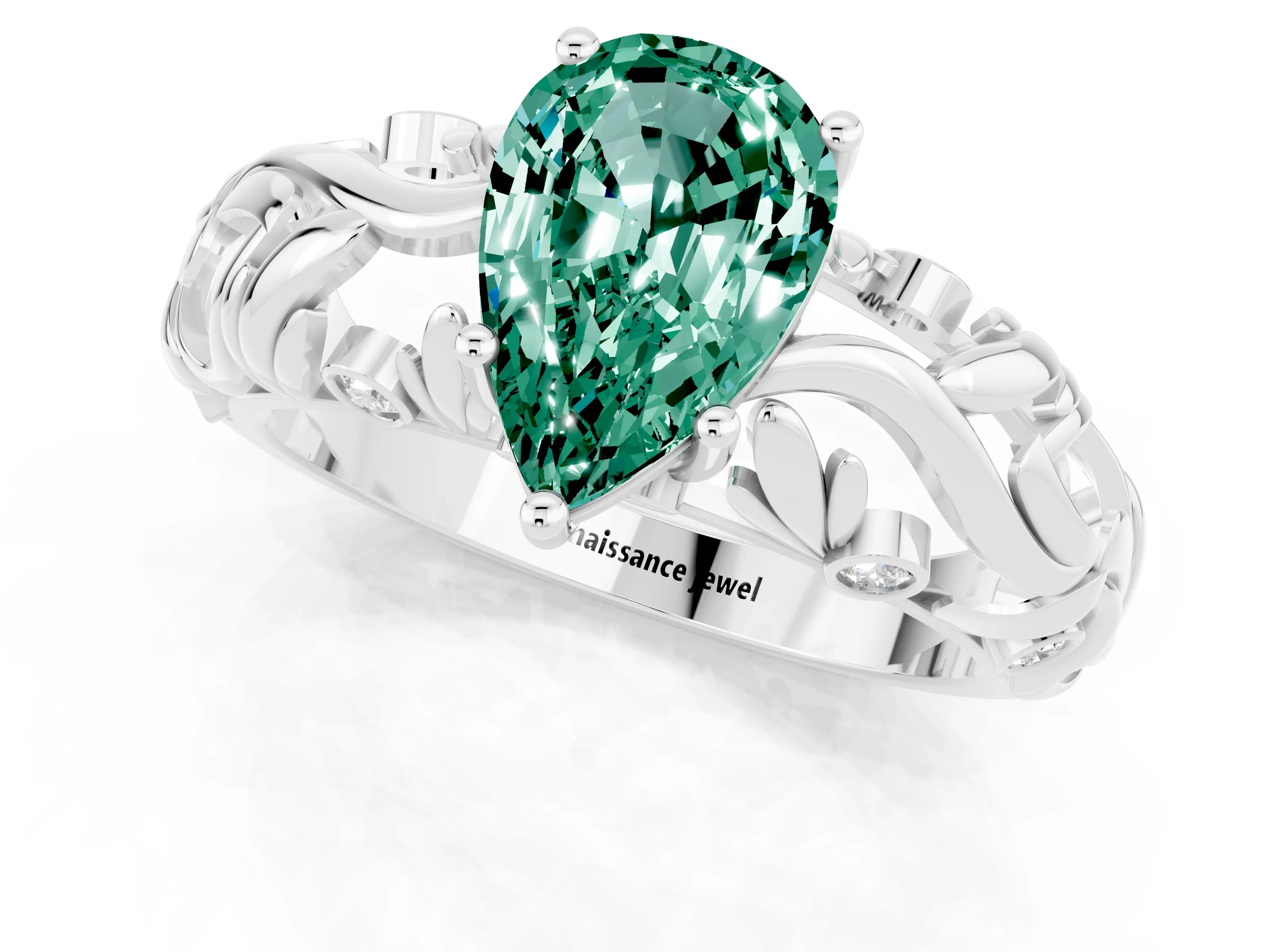 White gold Pear Cut Solitaire Green Sapphire Leaf-Inspired Vine Band Ring with Prong Setting_1