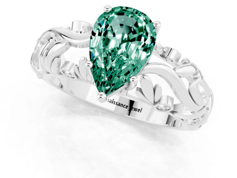 White gold Pear Cut Solitaire Green Sapphire Leaf-Inspired Vine Band Ring with Prong Setting_1