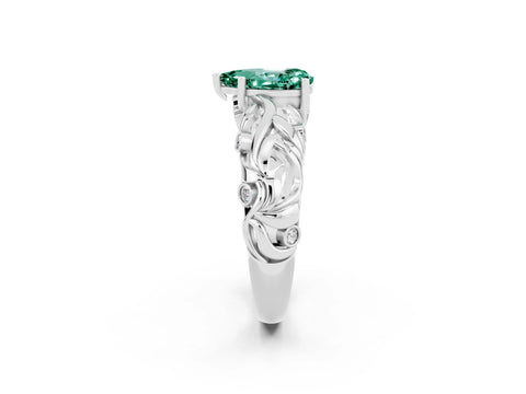 White gold Pear Cut Solitaire Green Sapphire Leaf-Inspired Vine Band Ring with Prong Setting_2