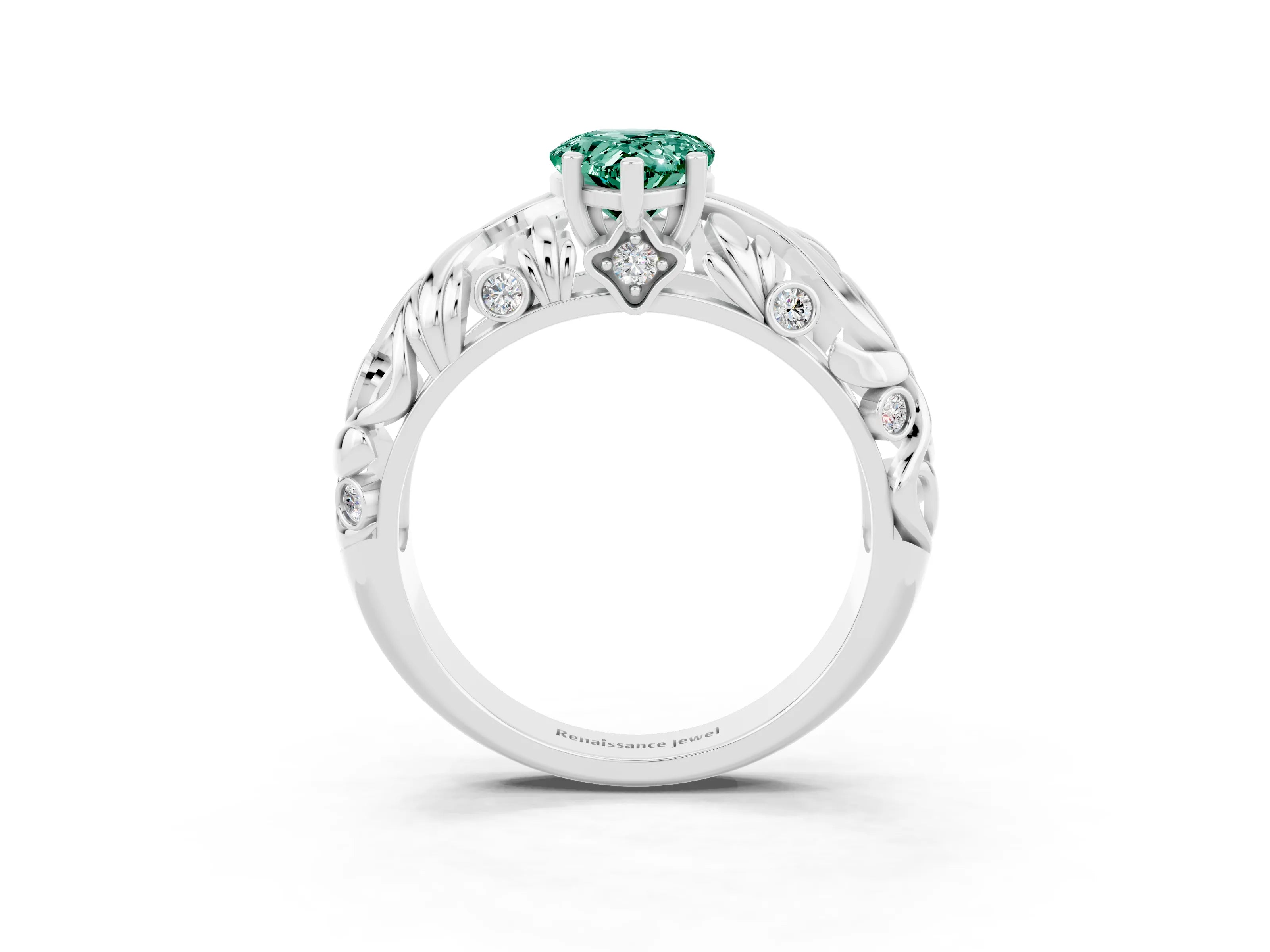 White gold Pear Cut Solitaire Green Sapphire Leaf-Inspired Vine Band Ring with Prong Setting_3