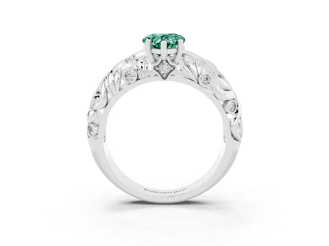 White gold Pear Cut Solitaire Green Sapphire Leaf-Inspired Vine Band Ring with Prong Setting_3