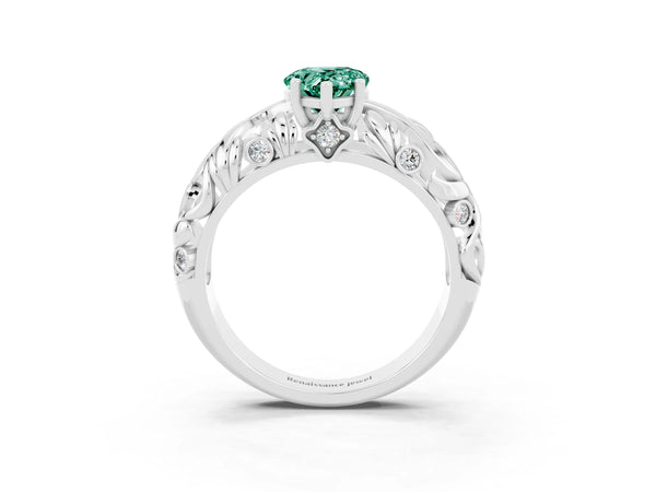 White gold Pear Cut Solitaire Green Sapphire Leaf-Inspired Vine Band Ring with Prong Setting