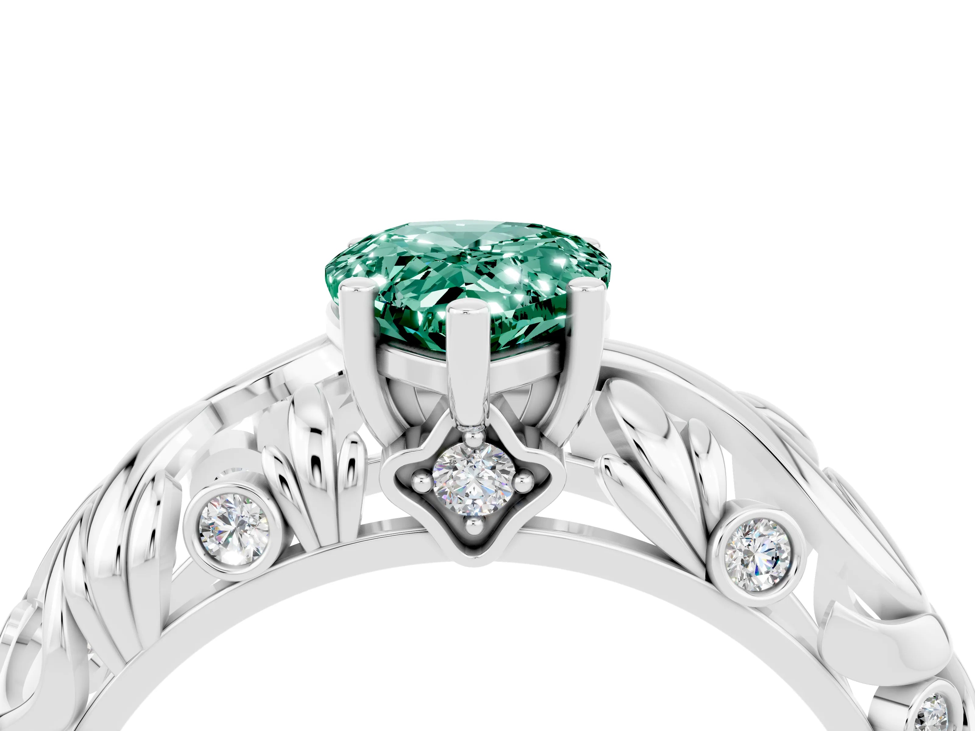 White gold Pear Cut Solitaire Green Sapphire Leaf-Inspired Vine Band Ring with Prong Setting_4