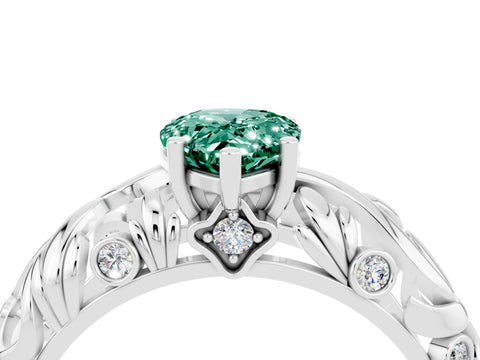 White gold Pear Cut Solitaire Green Sapphire Leaf-Inspired Vine Band Ring with Prong Setting_4