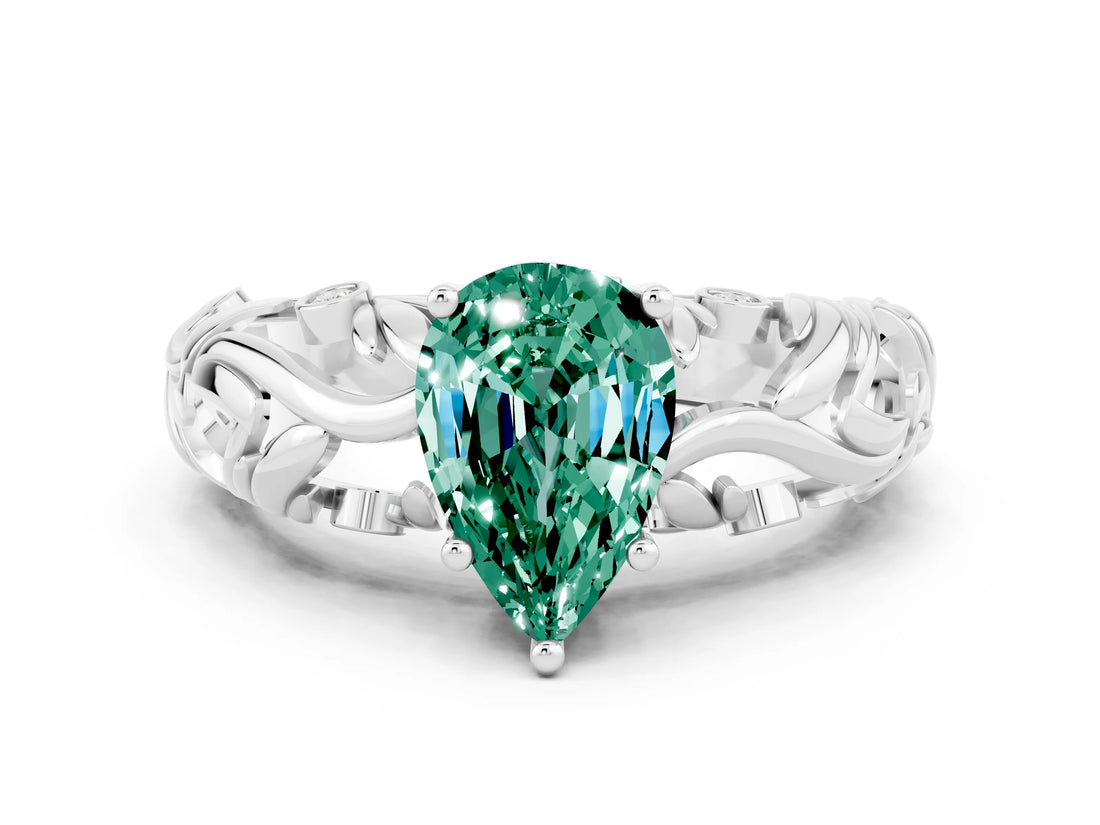 White gold Pear Cut Solitaire Green Sapphire Leaf-Inspired Vine Band Ring with Prong Setting