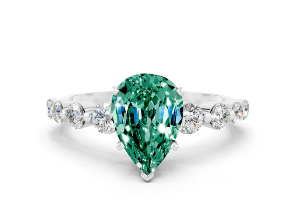 Platinum Pear Cut Solitaire Green Sapphire Ring with Pave Band and Four-Prong Setting