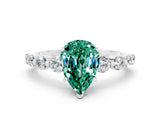 White gold Pear Cut Solitaire Green Sapphire Ring with Pave Band and Four-Prong Setting