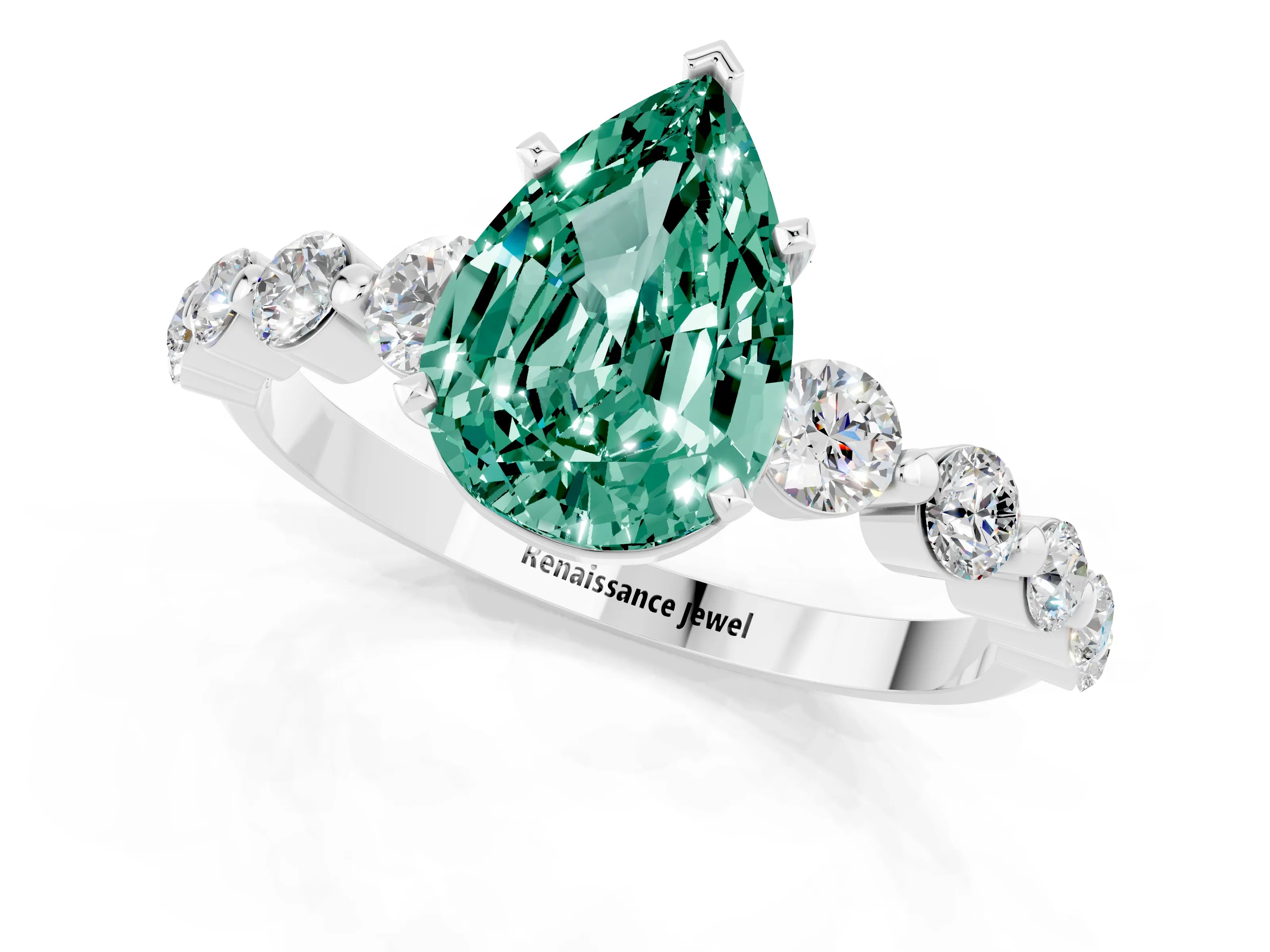 White gold Pear Cut Solitaire Green Sapphire Ring with Pave Band and Four-Prong Setting_1