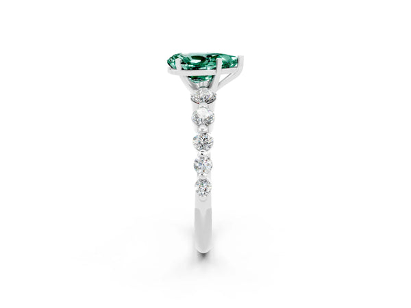 Platinum Pear Cut Solitaire Green Sapphire Ring with Pave Band and Four-Prong Setting