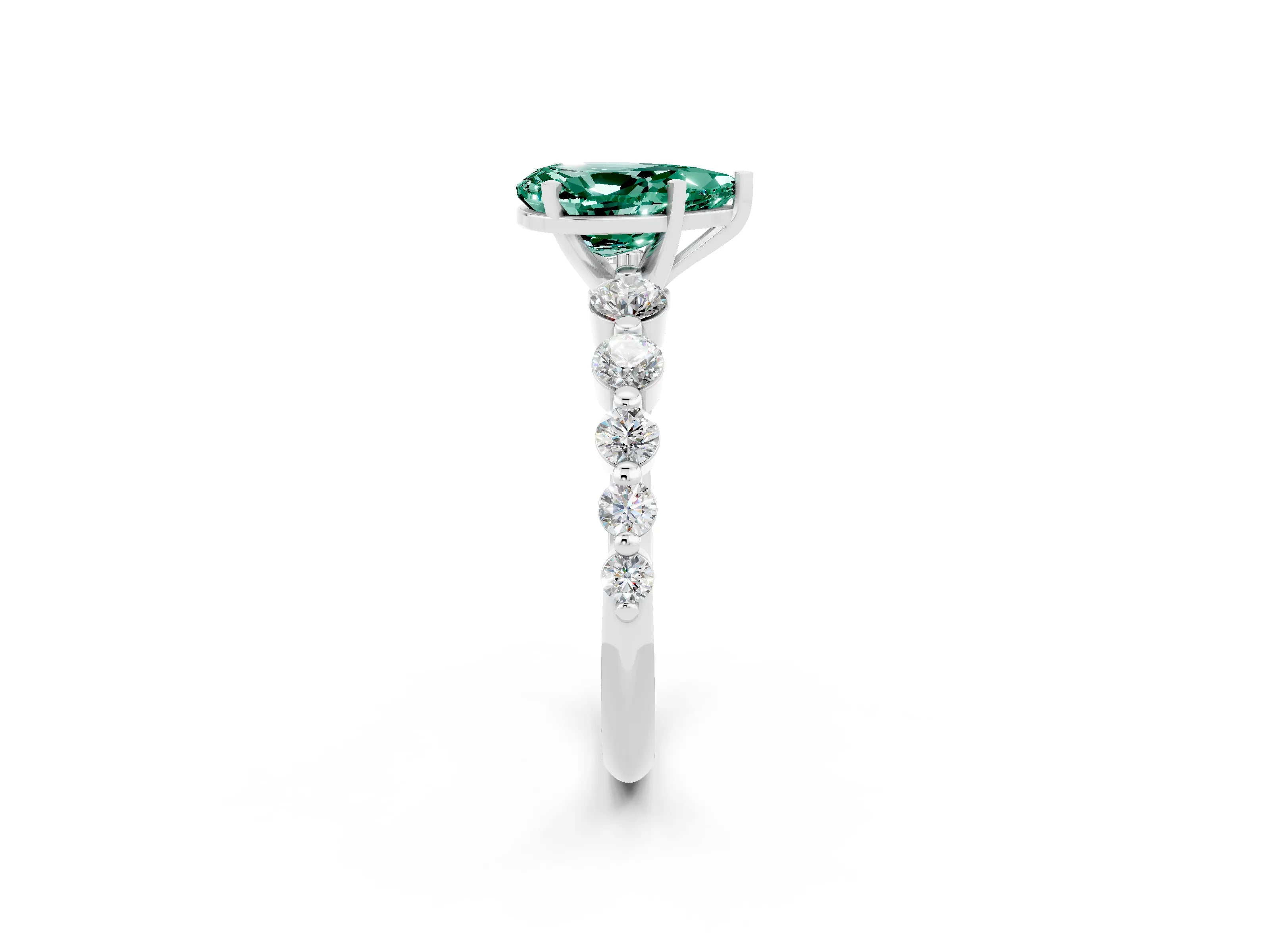 White gold Pear Cut Solitaire Green Sapphire Ring with Pave Band and Four-Prong Setting_2