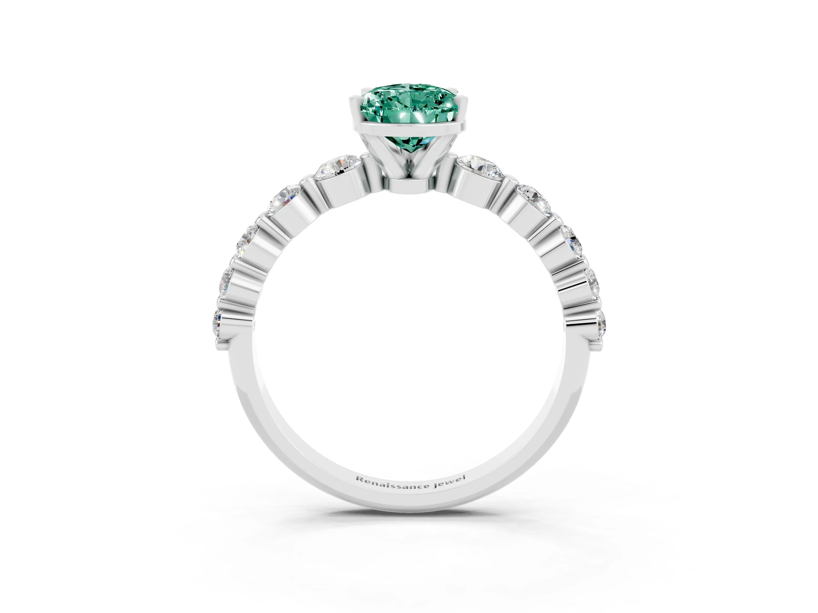White gold Pear Cut Solitaire Green Sapphire Ring with Pave Band and Four-Prong Setting_3