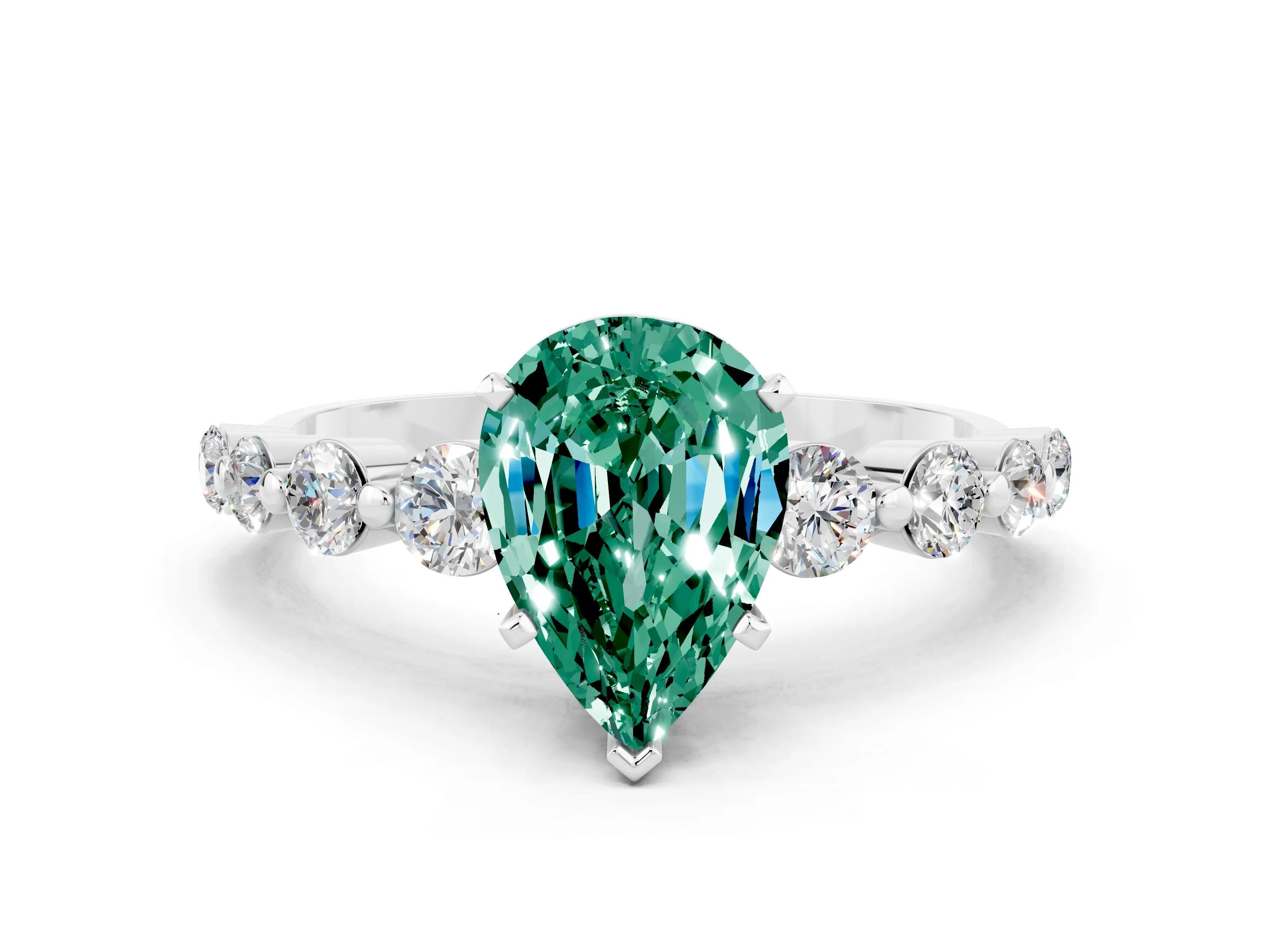 White gold Pear Cut Solitaire Green Sapphire Ring with Pave Band and Four-Prong Setting