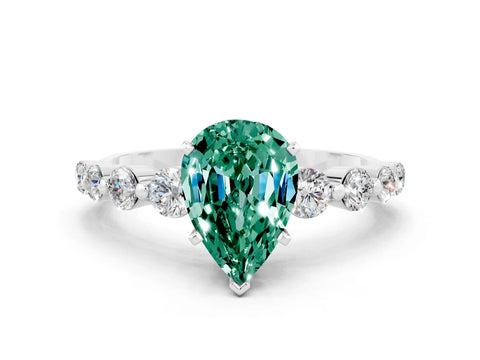 White gold Pear Cut Solitaire Green Sapphire Ring with Pave Band and Four-Prong Setting