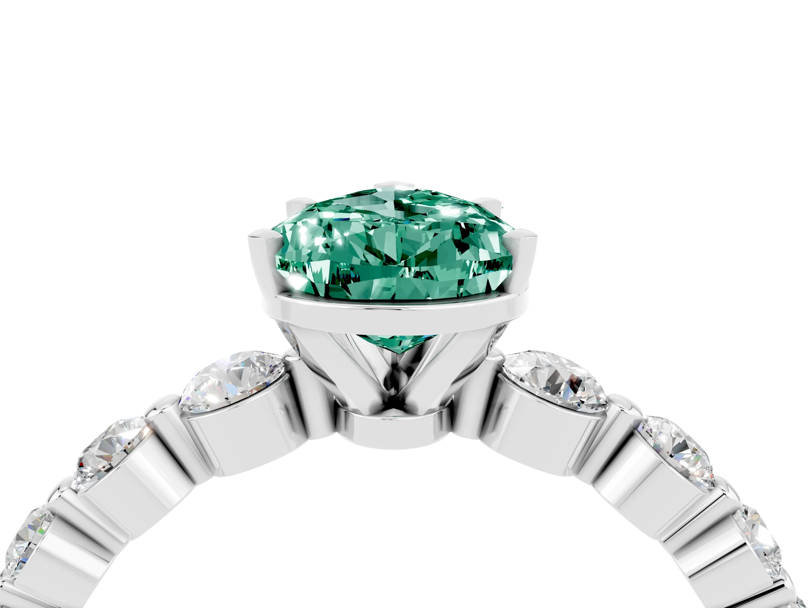 White gold Pear Cut Solitaire Green Sapphire Ring with Pave Band and Four-Prong Setting_4
